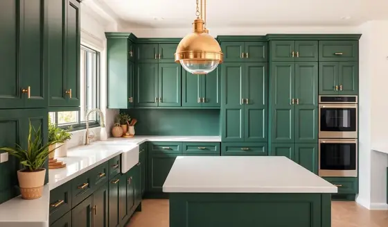 Sprayed green kitchen cabinets used to illustrate cabinet painting cost