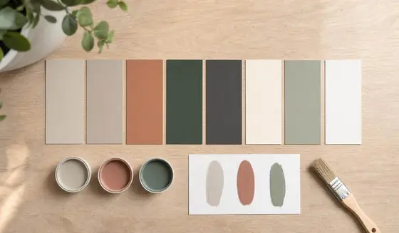 Paint swatch cards and sample pots in greige, clay, green and charcoal for 2026