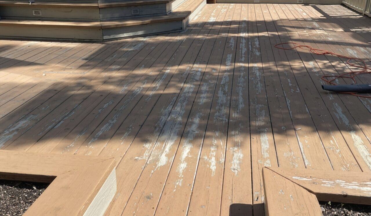 Calgary deck with the old coating worn through on the boards before restaining