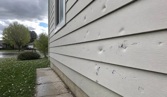 Dented siding with chipped paint and hailstones on the lawn after a Calgary hailstorm