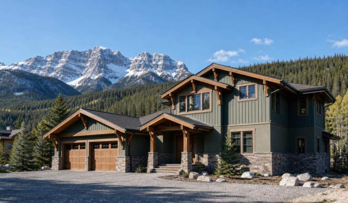 Mountain-town home in Banff with painted cedar and stucco cladding