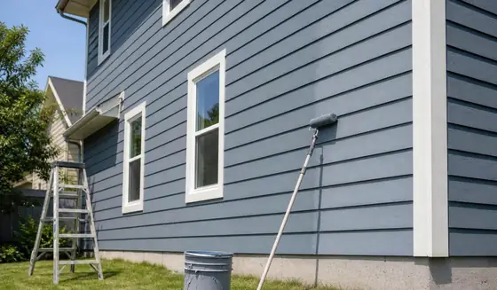 Fibre cement lap siding repainted blue-grey with white trim on a Calgary home